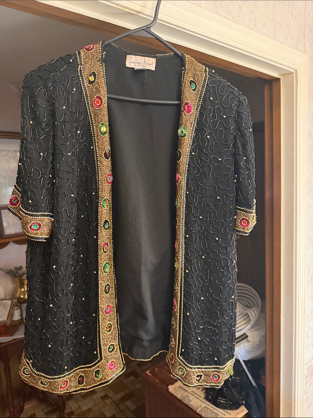 Laurence Kazar Black Beaded Open Jacket with Gold Trim